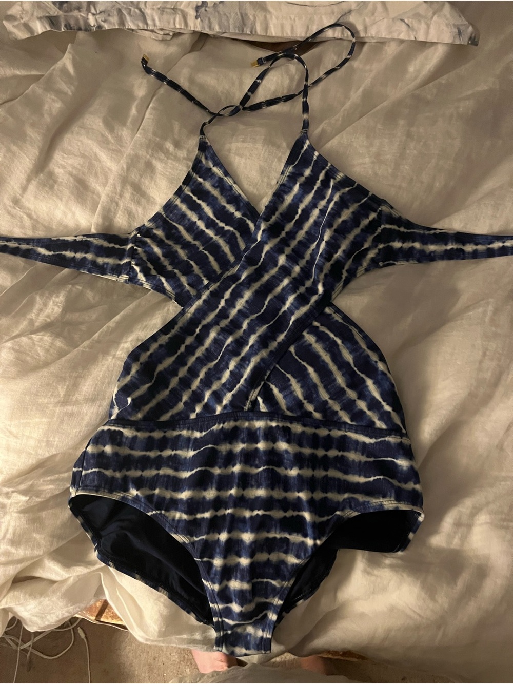 Tory Burch Navy and White Tie-Dye Cross-Front One-Piece